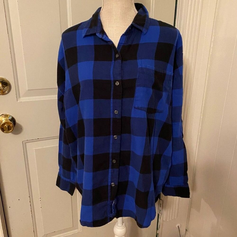 Old Navy Boyfriend Blue/Black Buffalo Plaid Long Sleeve Flannel Shirt Size L